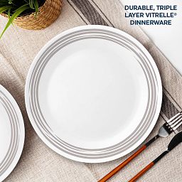 brushed silver salad plate with text that says durable triple layer vitrelle dinnerware