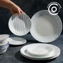 Nautical Stripes Dinnerware Set on tabletop with text Dishwasher, Microwave, and Oven Safe Plus Stain Resistant