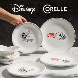 corelle Disney Mickey Mouse Club 12-pc Set on the table with food & text dishwasher, microwave & oven safe & staink resistant