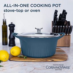 French Navy Aluminum 5.5-quart Dutch Oven with Lid with text " All-in-One cooking pot, stove-top or oven