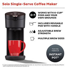 Instant Solo Black Coffee Maker with text works with k-cup pods & yor own grounds