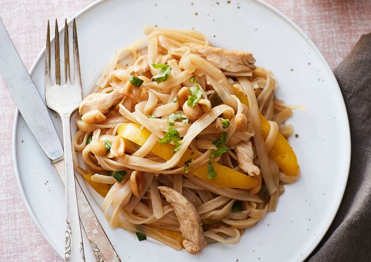 One‑Pot Chicken Pad Thai on plate with silverware