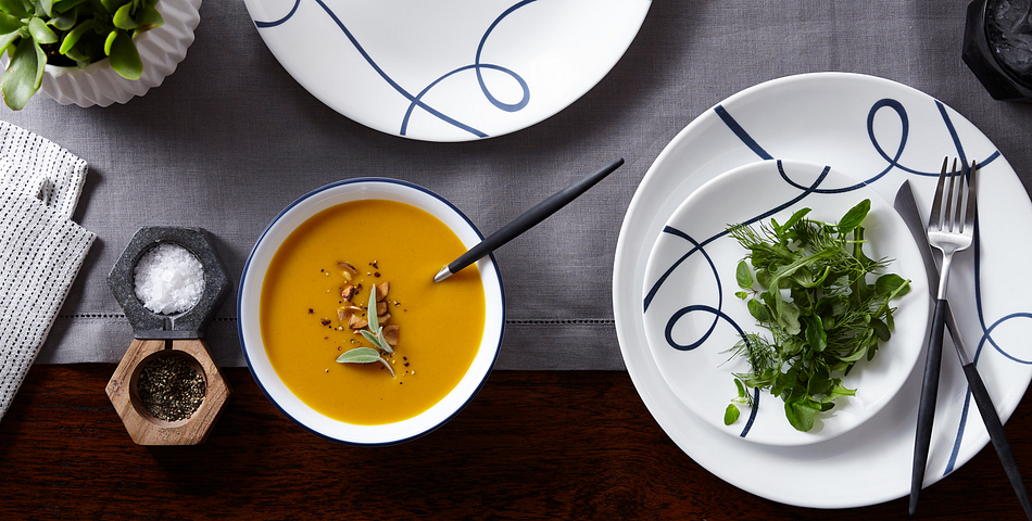 Corelle Lia Pattern Bowl with Soup and Garnish and Plate with Salad