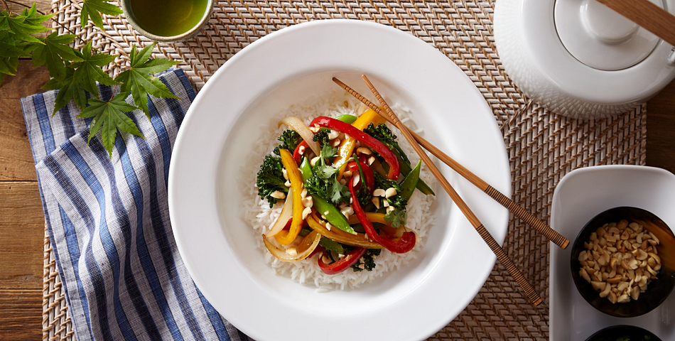 Stir fry served in a large dazzling white corelle meal bowl