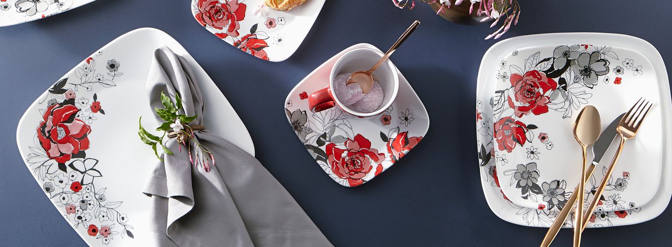 Chelsea Rose square dinnerware pattern featuring red, pink and grey roses.