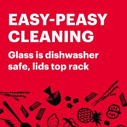 text that says easy-peasy cleaning glass is dishwasher safe, lids top rack