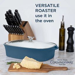 French Navy 5.7-quart Cast Aluminum Roaster with Lid with text "Versatile Roaster- use it in the oven"