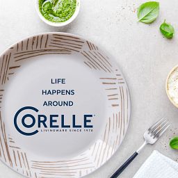 Geometrica 7.5" Salad Plates on table with text LIfe Happens Around Corelle