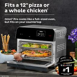 Instant Omni™ Pro 18L Toaster Oven and Air Fryer with text Fits a 12 inch pizza or a whole chicken