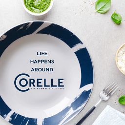 Everyday Expressions Glass Geometrica 23-ounce Meal Bowl, Blue with text life happens around Corelle