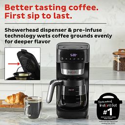 Instant® Infusion Brew Plus 12-cup Coffee Maker on counter with text better tasting coffee, first sip to last