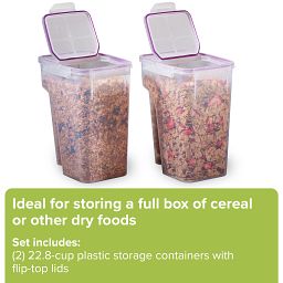 Airtight 22.8-cup Plastic Food Storage Container, 2-pack with text flip-top lids make it easy to grab and pour