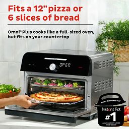 18L Omni Plus Toaster Oven with text that says Fits a 12 inch pizza or 4 pound chicken