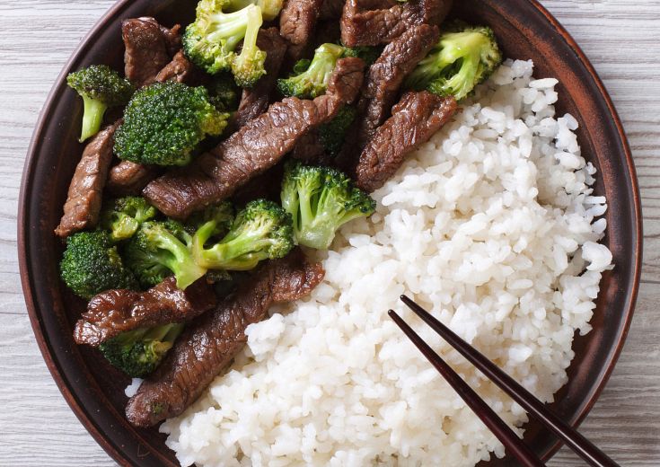 Better-Than-Takeout Beef and Broccoli with side of white rice on a plate