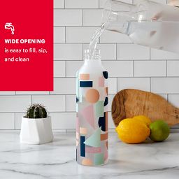 17.5-ounce Glass Water Bottle with Silicone Coating: Abstract Motion on counter with text - Wide Opening easy to fill up & clean
