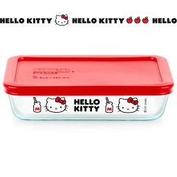 3-cup Rectangle Glass Storage: Hello Kitty® with milk bottle (Lid Sold Separately) - shown with lid on