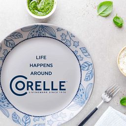Rutherford Dinner Plate with text Life Happens around Corelle 