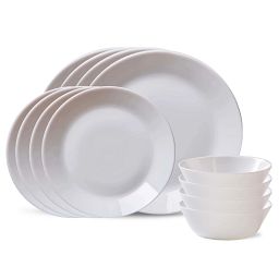 Everyday Expressions Glass Bright White 12-piece Dinnerware Set, Service for 4 showing all pieces in set
