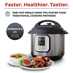 Instant Pot Duo 8-qt Multi-Use Pressure Cooker with text Faster, Healthier, Tastier