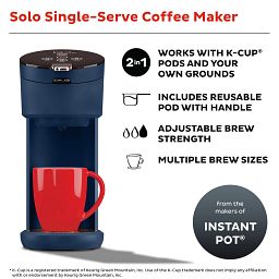 Instant Navy Solo Single Serve Coffee Maker with text works well with k-cup pods & your own grounds