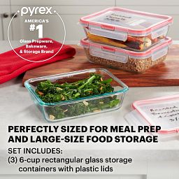 FreshLock 6-piece Glass Storage Set in fridge with text STORE IT - airtight, leakproof lid with 4 locking tabs