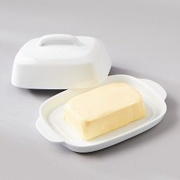 Winter Frost White Porcelain Butter Dish with cover off and butter in dish 