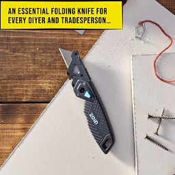 Folding Knife with TraX-Grip with blade extended - text Comfortable Handle