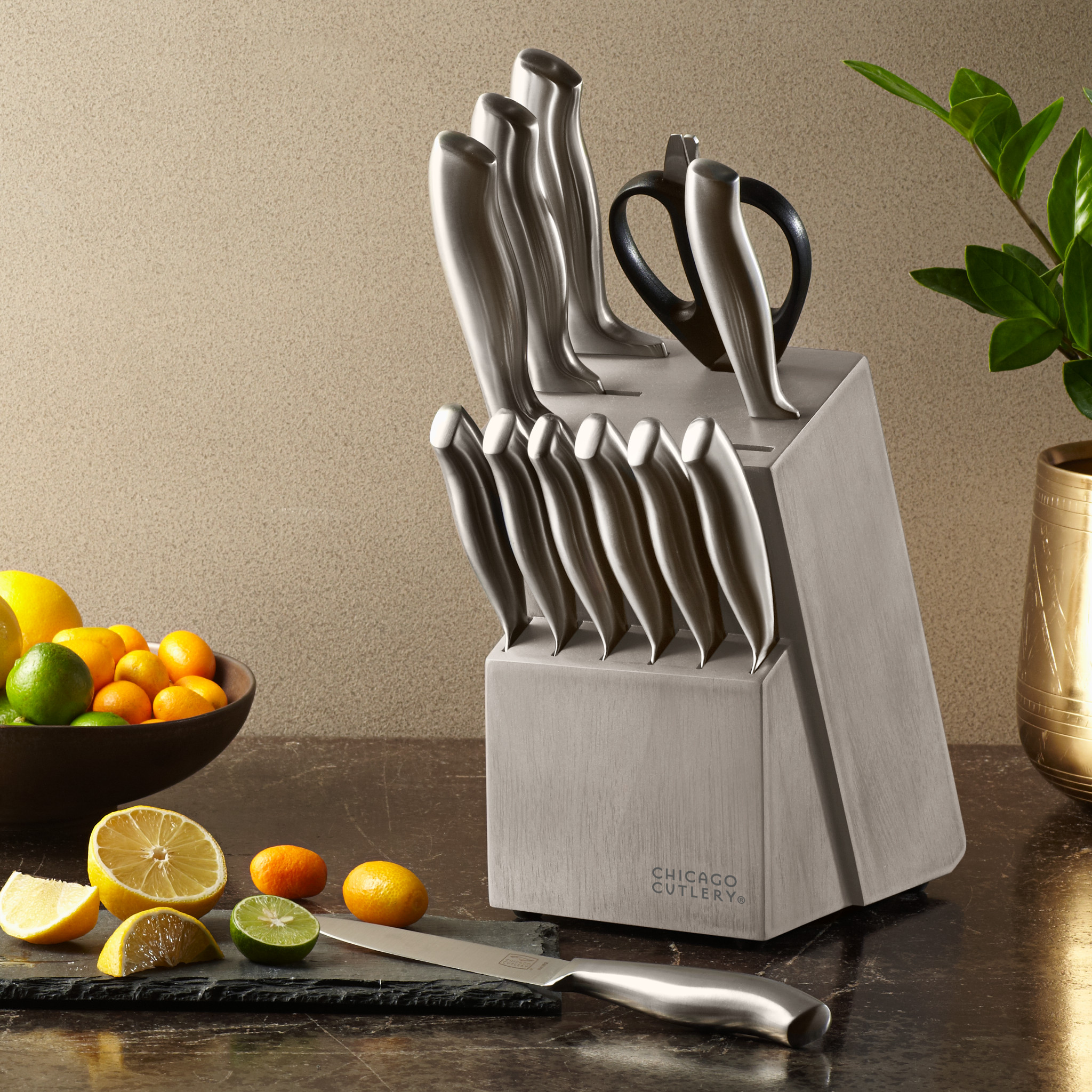 Chicago Cutlery Elston 16pc Knife Set with Block - Stainless Steel Blades,  Plastic Handles - Includes Bread Knife, Chef Knife, Paring Knife, Shears in  the Cutlery department at