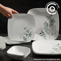 Square Amalie 16-piece Dinnerware Set on tabletop with text dishwasher, microwave, and oven safe plus stain resistant