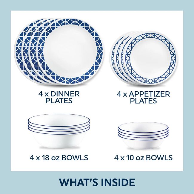 Cobalt Circles 16-piece Mugless Dinnerware Set, Service of 4 | Corelle