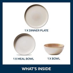 Stoneware Oatmeal 3-pc Dinnerware Set plates & bowls with text beautifl craftsmanpship each piece is thoughtfully handcrafted