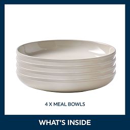 Stoneware 8.45" Meal Bowls, Oatmeal, 4-pack with text 'What's inside, 4 times meal bowls