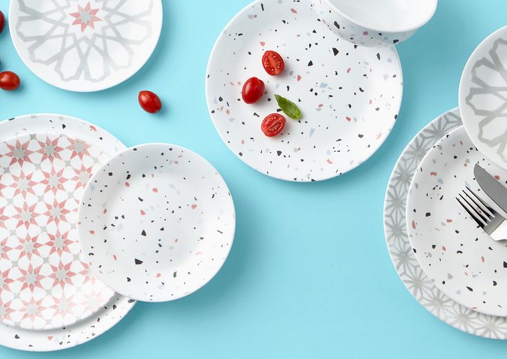 Terrazzo and Amalfi Verde shown as mix and matching dinnerware