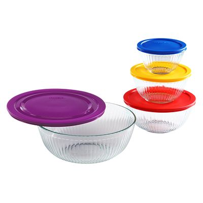 Set Including 3 Blue and 1 Purple Locking Lids 4 Pyrex 8 Piece Ribbed Bowl 