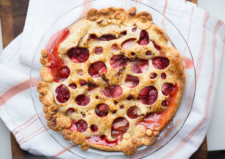 Strawberry pie recipe shown in pyrex glass pie dish