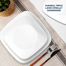 Vivid White dinnerplate with text works hard microwave dishwasher & preheated oven safe & stain resistant