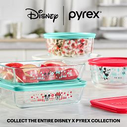 Mickey & Friends™ 8-pc Holiday Decorated Glass Storage - text "collelction the entire Disney pyrex collection"