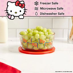 6-piece Glass Storage Set: Hello Kitty with text of capacity: 2-cup, 4-cup & 7-cup round storage containers