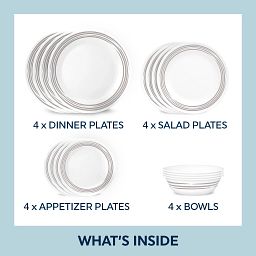 images shows what's inside: 4-dinnerplates, 4-salad plates, 4-appetizer plates, 4 soup cereal bowls 