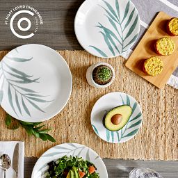 Solar Print Dinner & Appetizer plates on table with text most loved dinnerware