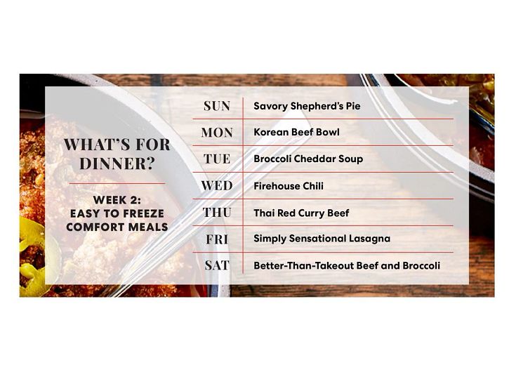 Easy to Freeze Comfort Meals weekly menu