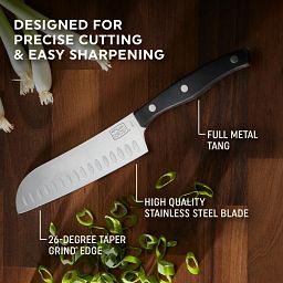 Ellsworth Santoku Knife with text countoured triple-rivet handle fits comfortably in hand