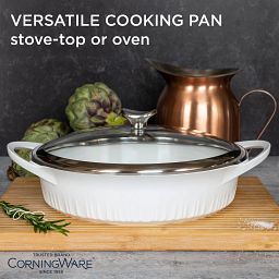 French White Cast Aluminum 4-qt Braiser with Lid with text CorningWare with text Versatile Cooking Pan stove-top or oven