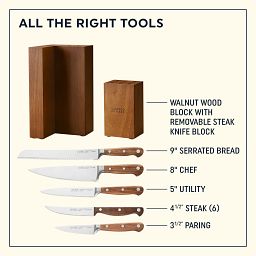 Racine 12-piece Block Set  with text removable steak knife block goes from counter to table (shown on counter with food)