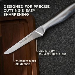 Insignia Steel Utility Knife on table with text designed for precise cutting & easy sharpening