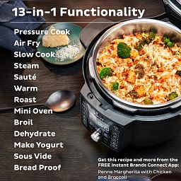 Duo™ Crisp™ 6.5-quart with Ultimate Lid Multi-Cooker & Air Fryer with food inside and text 13-in-1 Functionality