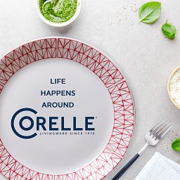 Life Happens around Corelle text with dinner plate
