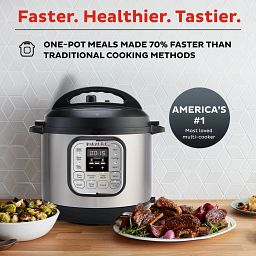 Instant Pot Duo 6-qt Multi-Use Pressure Cooker with text Use up to 60% less energy
